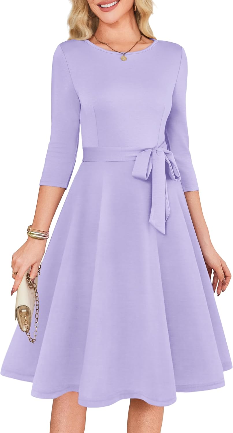 RUMIA Womens Cocktail Dresses 3\/4 Sleeve Dress with Belt (XS-3XL) | Wrinkle-resistant & Tummy-flattering Vintage Fit. Ideal for Wedding Guest, Church, Work, Vacation & Holiday events.