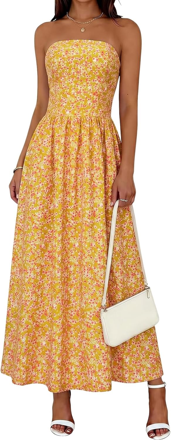 Wenrine Womens Strapless Maxi Dress Summer Polka Dot Long Tube Dresses | Polkadot, Tube Top, Sleeveless, A Line, Flowy, Fit and Flare, Beach, Vacation