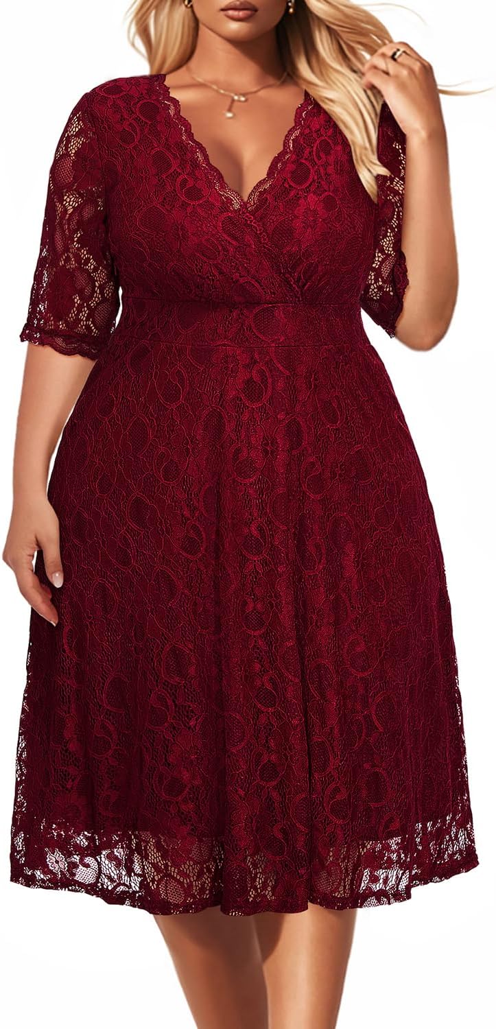 Women's Plus Size Wedding Guest Cocktail Party Semi Formal Lace Dress | Wrap v neck, knee length, half sleeves, midi swing dress, empire waist, elegant floral lace overlay, soft lined