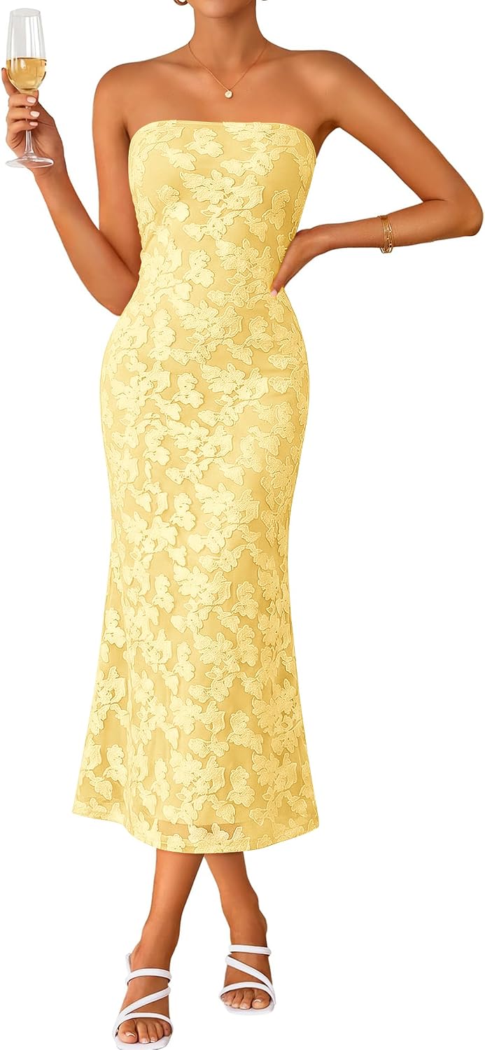 IWD Women's Strapless Floral Bodycon Dress Cocktail Wedding Guest Dresses | Bodycon Tube Floral Midi Dress, Formal Wedding Guest Cocktail Party Dress, 2026 Summer Dresses for Baby Shower & Bridesmaid
