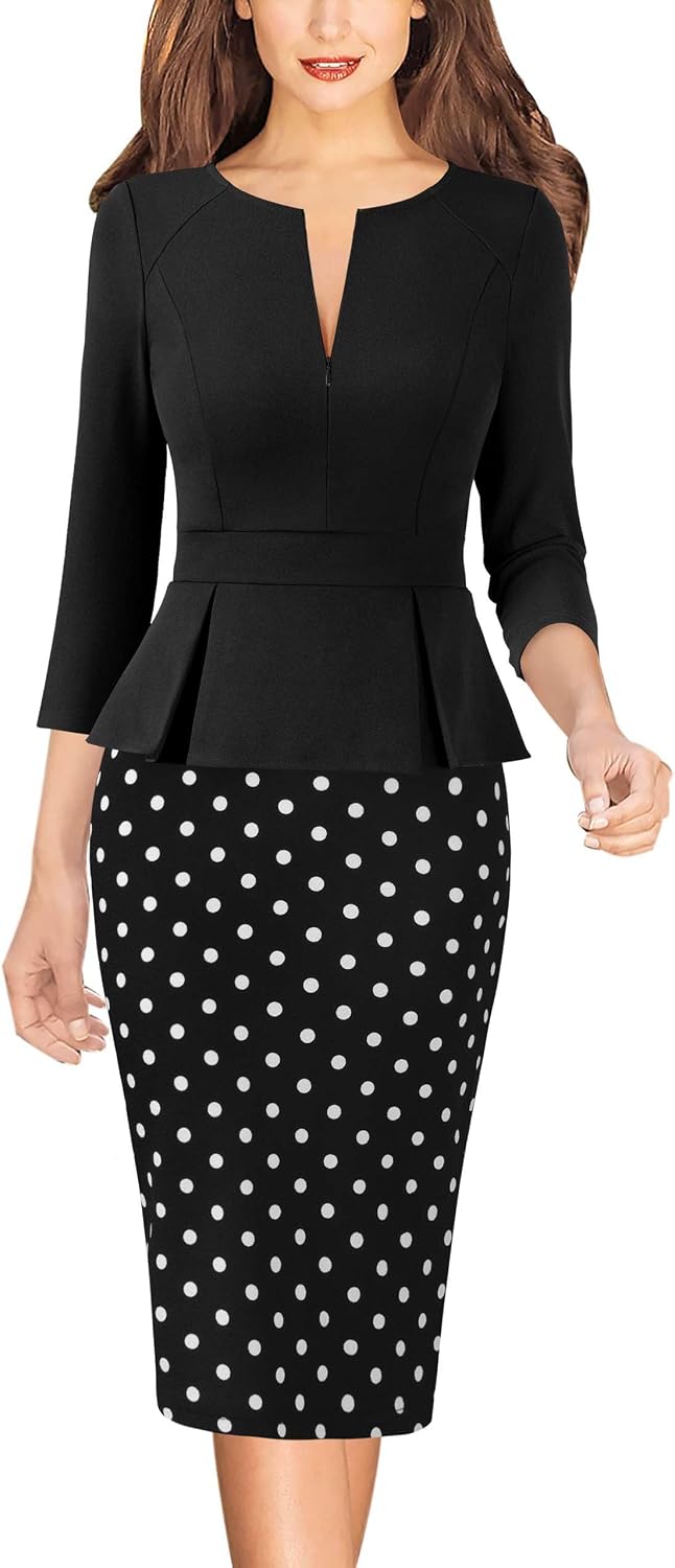 VFSHOW Womens Work Business Office Front Zipper Peplum Church Sheath Dress | 3\/4 Sleeves, Elegant, Spring Fall, Church, Funeral, Slimming Fitted Bodycon Dresses