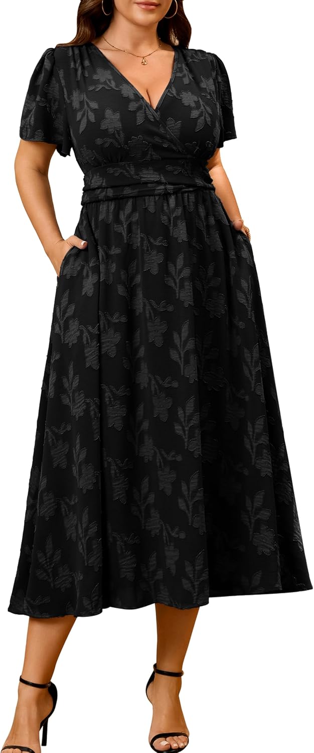 RWJ Womens Plus Size Wedding Guest Dress Summer Boho Floral Maxi Dresses | Semi Formal Evening Party Cocktail Dress with Pockets, Elegant Wrap V Neck Short Sleeve Empire Waist Spring Vacation Outfits