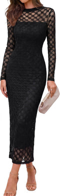 Simplee Womens Lace Maxi Formal Wedding Guest Elegant Bodycon Dress | long Sheer Mesh Sleeve, Crew Neck, Slim Fit, Mermaid, Lined, Cocktail Party, Bridal Shower, Prom, Fall Dresses