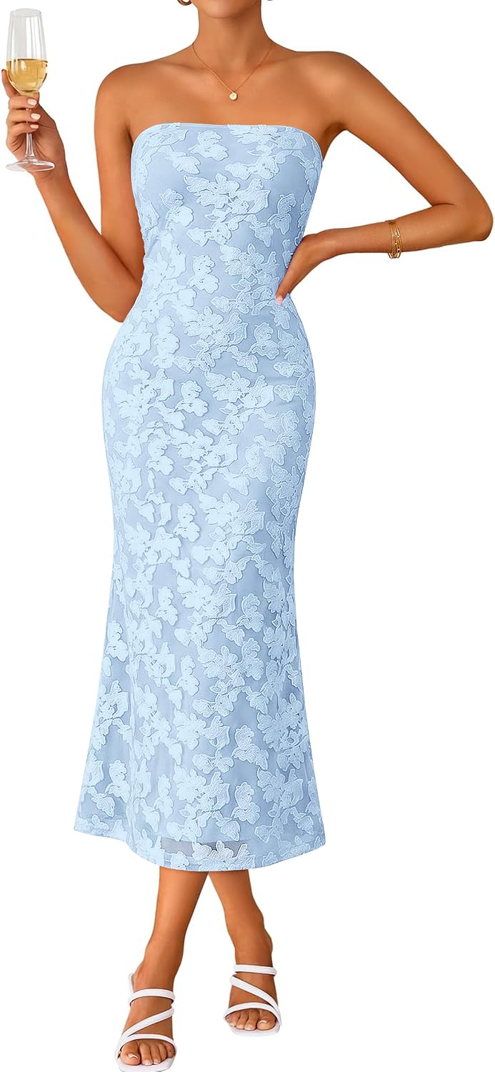 IWD Women's Strapless Floral Bodycon Dress Cocktail Wedding Guest Dresses | Bodycon Tube Floral Midi Dress, Formal Wedding Guest Cocktail Party Dress, 2026 Summer Dresses for Baby Shower & Bridesmaid