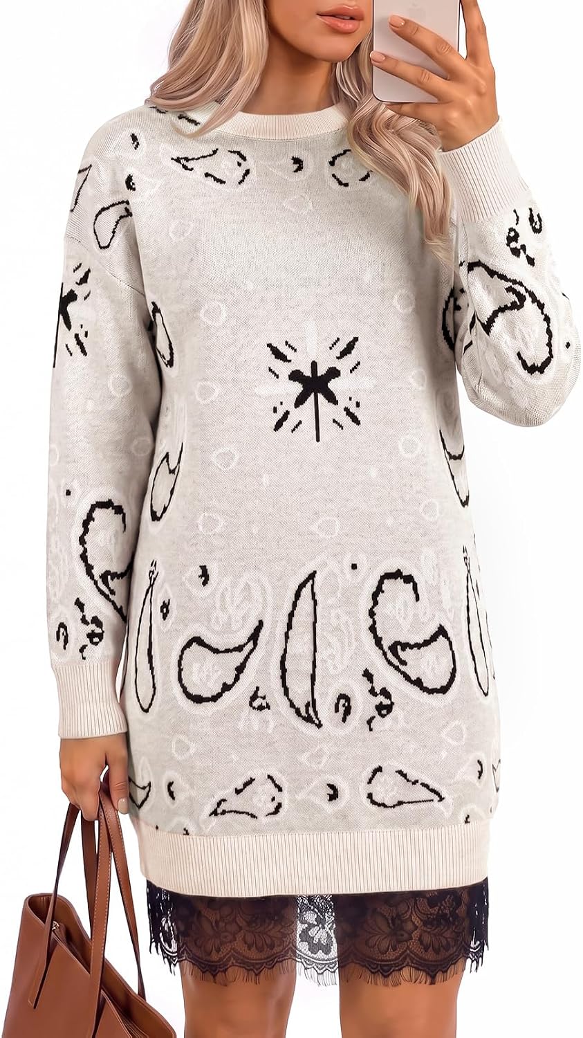 Wenrine Womens Fall Long Sleeve Lace Casual Knit Sweater Mini Dress | Paisley Print, Long Sleeve, Crew Neck, Knit, Loose Fit, Patchwork, High Waist, Quiet Luxury, Short Dress, Casual, Mini
