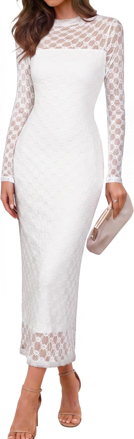 Simplee Womens Lace Maxi Formal Wedding Guest Elegant Bodycon Dress | long Sheer Mesh Sleeve, Crew Neck, Slim Fit, Mermaid, Lined, Cocktail Party, Bridal Shower, Prom, Fall Dresses