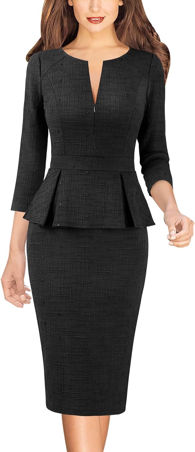 VFSHOW Womens Work Business Office Front Zipper Peplum Church Sheath Dress | 3\/4 Sleeves, Elegant, Spring Fall, Church, Funeral, Slimming Fitted Bodycon Dresses