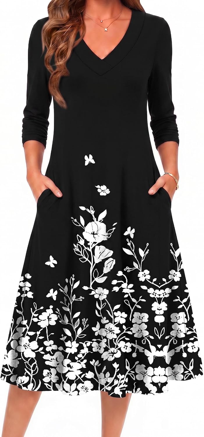 Zeagoo Dresses for Womens Long Sleeve Midi Dress Fall Casual A Line Dress | Fall Outfits 2026,V Neck Flare Dress with Pockets,Winter Long Dresses For Women,Floral Printed,Business Casual,Flowy Swing