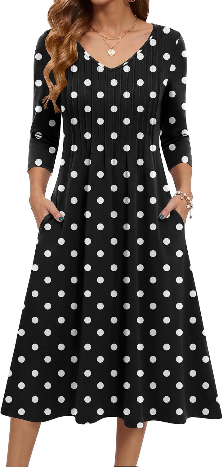Zeagoo 3\/4 Sleeve Women's Dress Pleated Midi Casual Dresses with Pockets | For A More Flattering Fit, We Recommend Choosing One Size Smaller And Pairing It With Your Own Belt For Decoration.