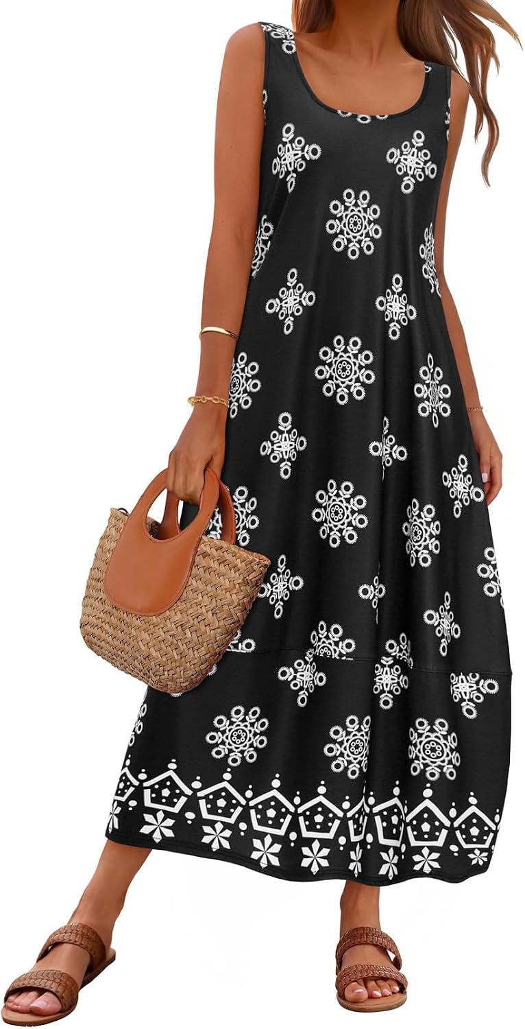 MEROKEETY Women's Summer Sleeveless Maxi Dress Beach Sundress | Casual Scoop Neck Tank Dress, Cotton, Boho Vacation, Loose Fit, Side Pockets, A-Line, Floral Long Dress, Spring Outfits