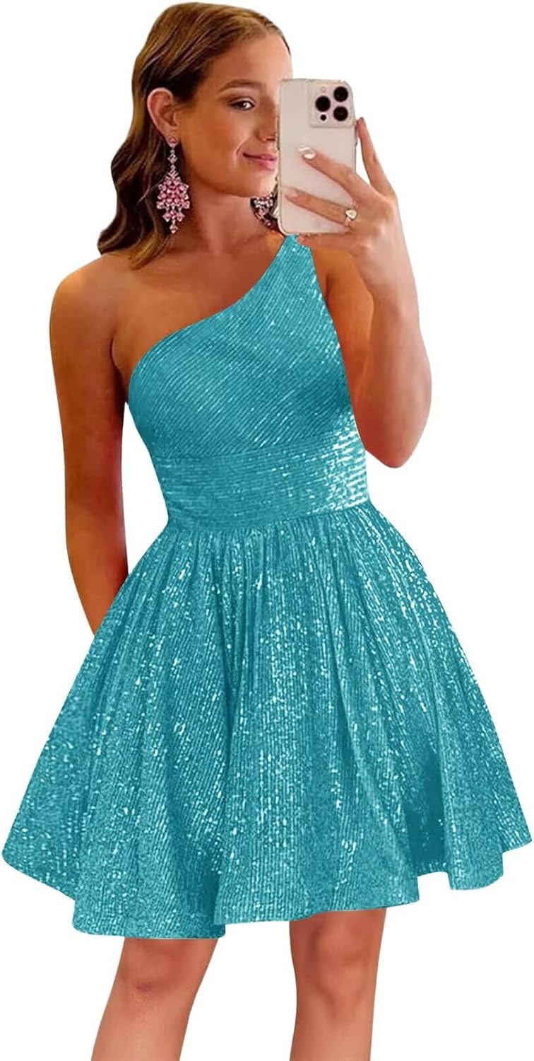 MstinGcc One Shoulder Sequin Sparkly Short Homecoming Dress for Teens 2026 | Glitter HOCO Dresses for Womens A-Line Prom Cocktail Party Dress Backless Sleeveless Corset Mini Gowns