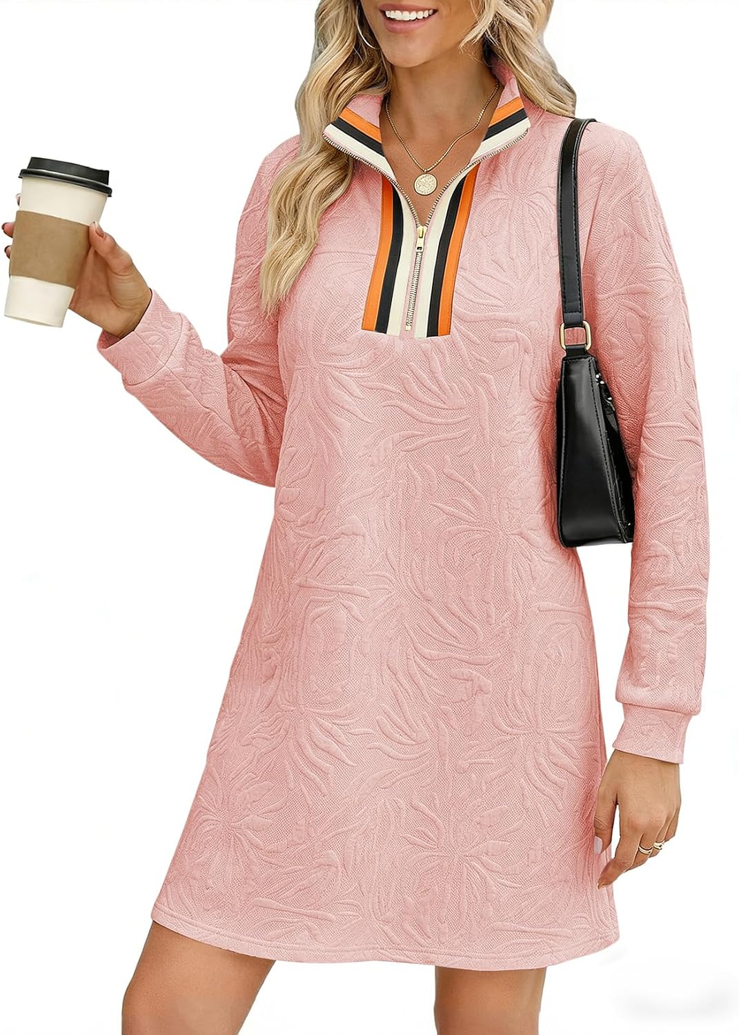 BLENCOT Women's Dress Zip Up Stand Neck Pullover Sweatshirt Mini Dresses | Stand Collar Textured Long Sleeve Mini Pullover Colorblock Mini Dress,Fall Work Daily School Teacher