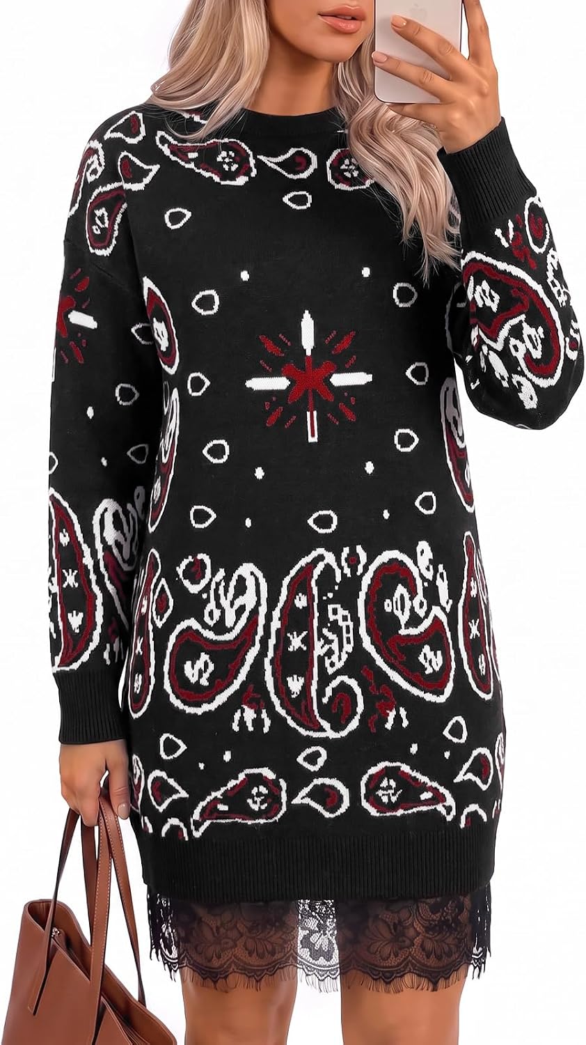 Wenrine Womens Fall Long Sleeve Lace Casual Knit Sweater Mini Dress | Paisley Print, Long Sleeve, Crew Neck, Knit, Loose Fit, Patchwork, High Waist, Quiet Luxury, Short Dress, Casual, Mini