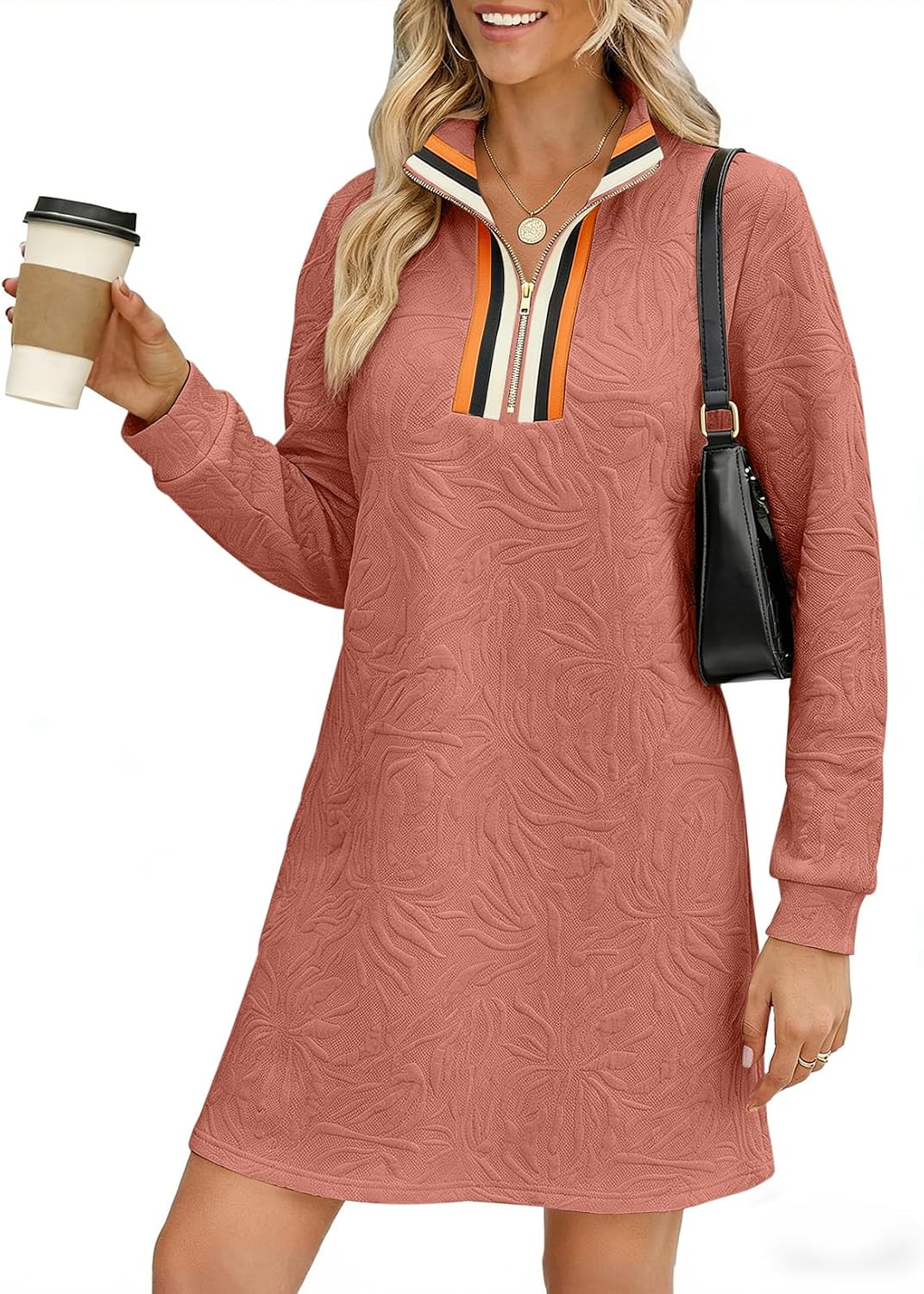 BLENCOT Women's Dress Zip Up Stand Neck Pullover Sweatshirt Mini Dresses | Stand Collar Textured Long Sleeve Mini Pullover Colorblock Mini Dress,Fall Work Daily School Teacher