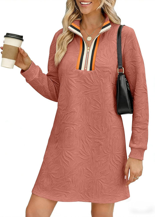 BLENCOT Women's Dress Zip Up Stand Neck Pullover Sweatshirt Mini Dresses | Stand Collar Textured Long Sleeve Mini Pullover Colorblock Mini Dress,Fall Work Daily School Teacher