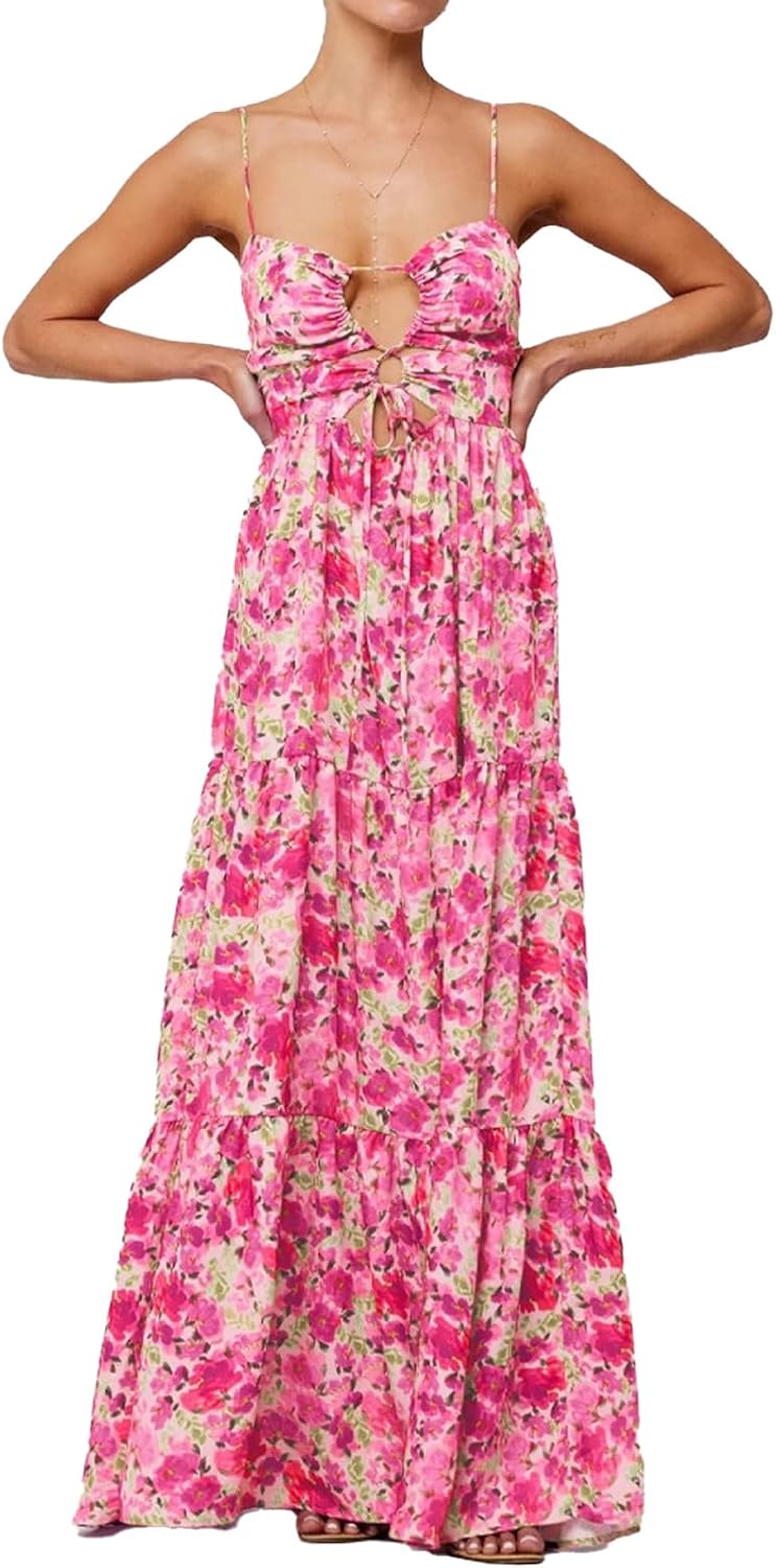 ABYOVRT Women Floral Maxi Dress Tie Front Cut Out Backless Boho Spaghetti Strap Summer Beach Sundress