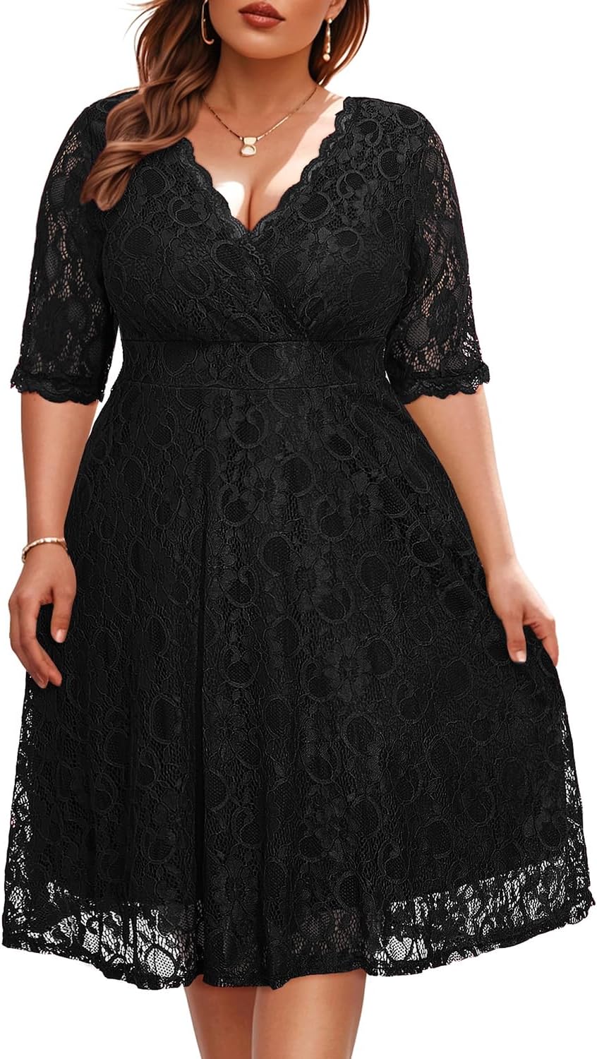 Women's Plus Size Wedding Guest Cocktail Party Semi Formal Lace Dress | Wrap v neck, knee length, half sleeves, midi swing dress, empire waist, elegant floral lace overlay, soft lined