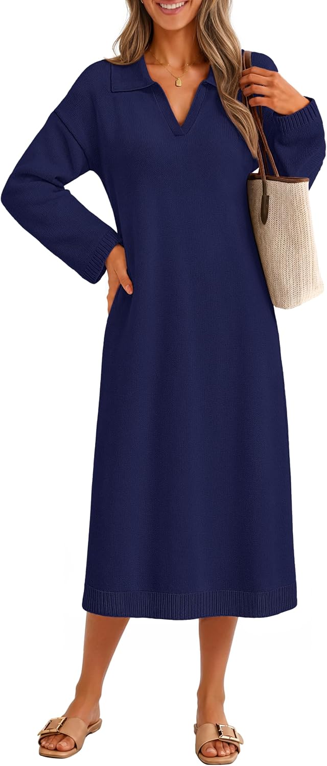MEROKEETY Women's Fall Long Sleeve Midi Sweater Dress V Neck Knit Dresses | Loose Fit Maternity Dress, Stretchy Soft, Collared Teacher Outfit, Office Work, Daily Casual, Baby Shower, Winter Clothing