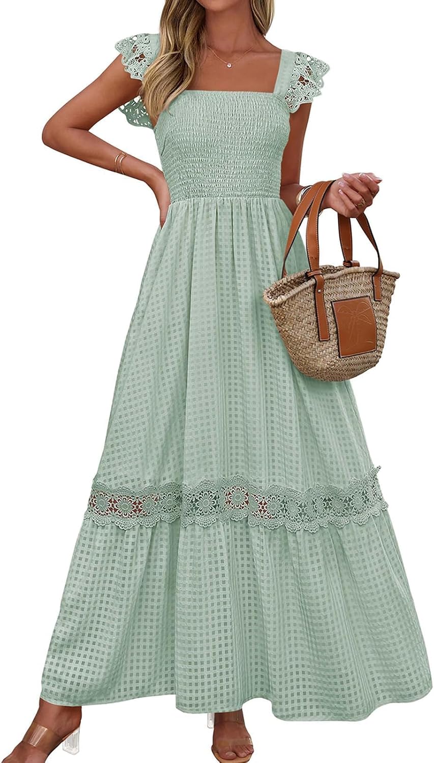 PRETTYGARDEN Women's Smocked Summer Maxi Dresses 2026 Ruffle Cap Sleeve Square Neck Lace Detail Flowy Sundress with Pockets