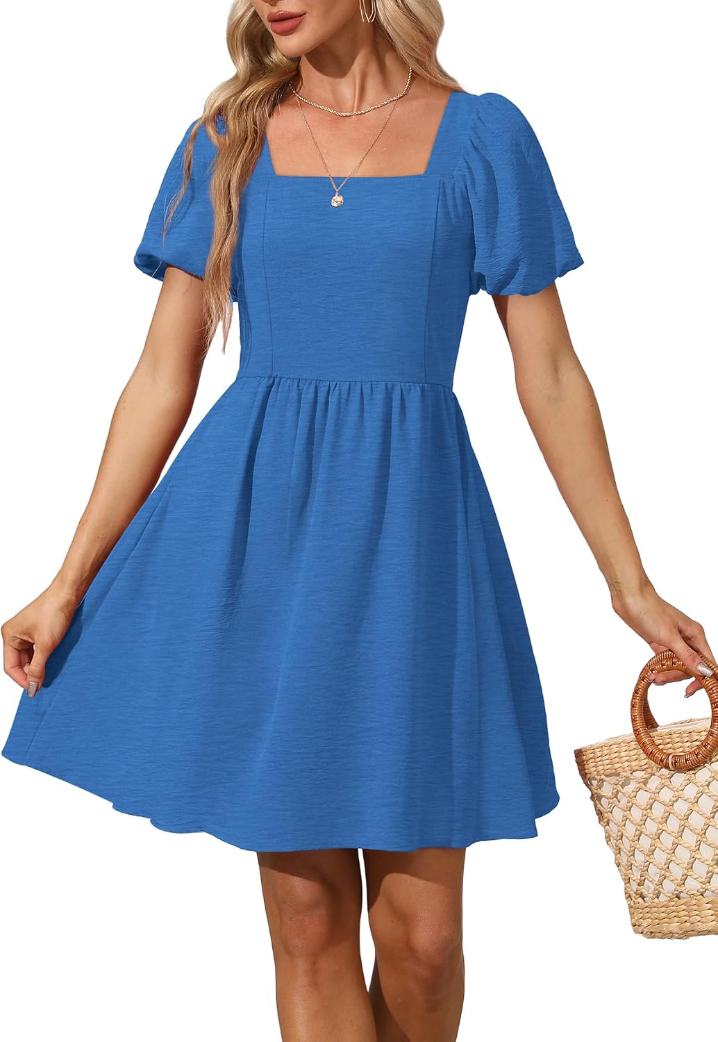 OFEEFAN Women Puff Sleeve Square Neck Tie in Back Dresses with Zipper