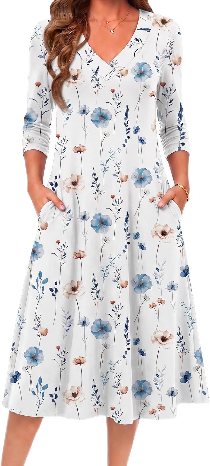 Zeagoo Dresses for Womens Long Sleeve Midi Dress Fall Casual A Line Dress | Fall Outfits 2026,V Neck Flare Dress with Pockets,Winter Long Dresses For Women,Floral Printed,Business Casual,Flowy Swing