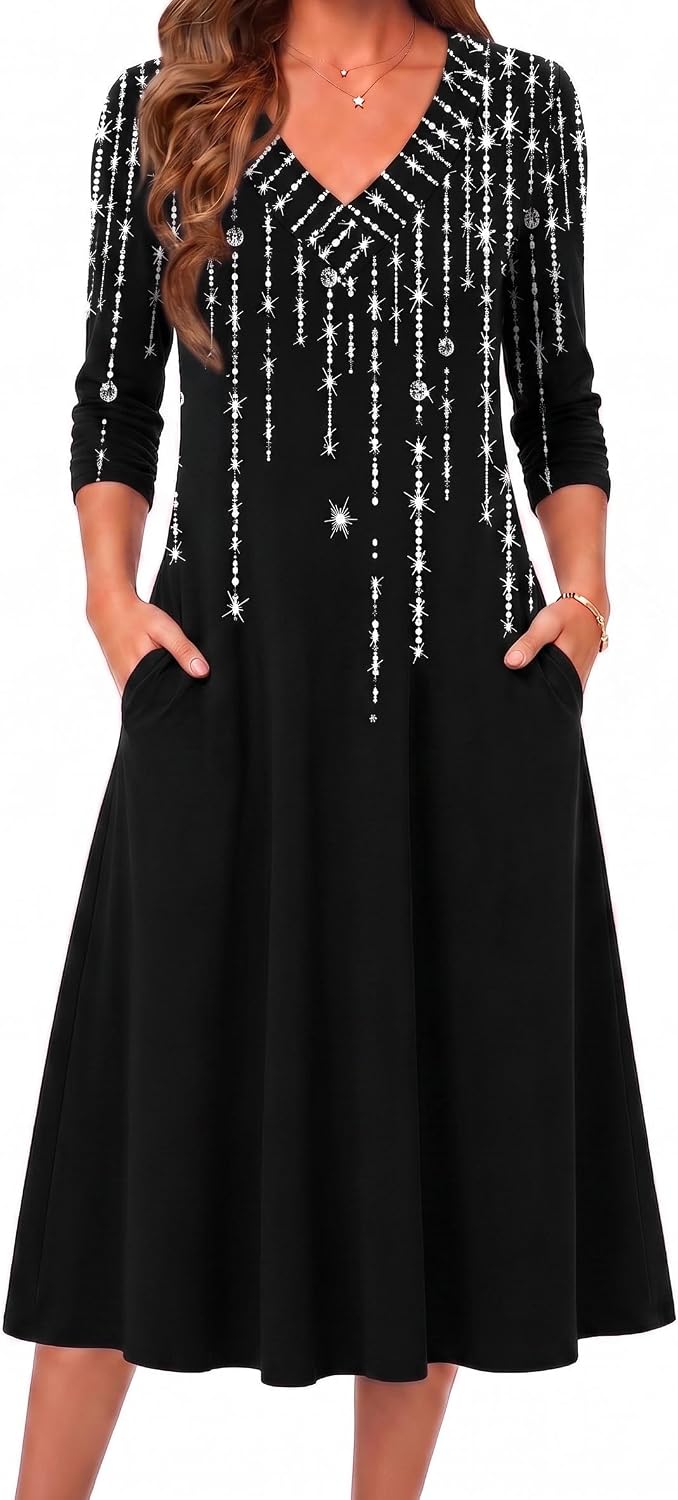 Zeagoo Dresses for Womens Long Sleeve Midi Dress Fall Casual A Line Dress | Fall Outfits 2026,V Neck Flare Dress with Pockets,Winter Long Dresses For Women,Floral Printed,Business Casual,Flowy Swing
