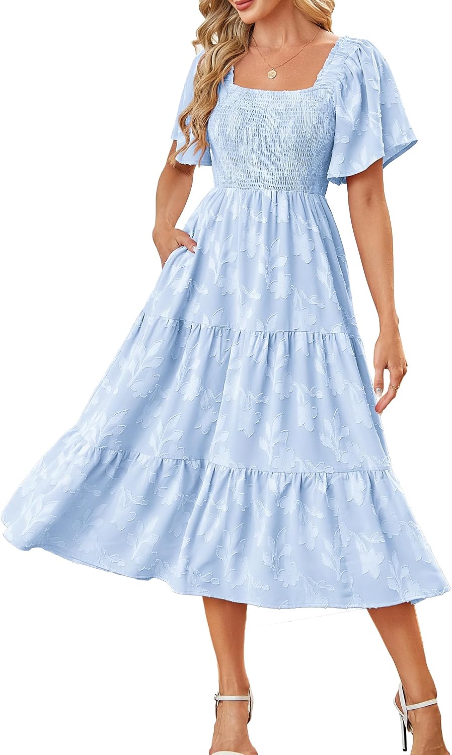 Kikibell Women Boho Maxi Dresses Summer Short Sleeve Square Neck Smocked Flowy Midi Casual Beach Party Dress with Pockets