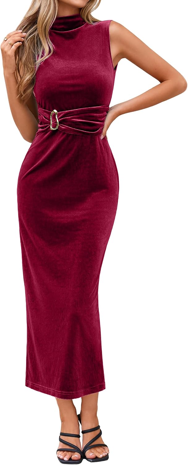 Simplee Womens Fall Formal Sleeveless Velvet Wedding Guest Dress 2026 | Elegant Ruched Waist, Mock Neck, Back Slit, Metal Buckle Accent, Stretch Bodycon Fit And Flare Cocktail Party Dress