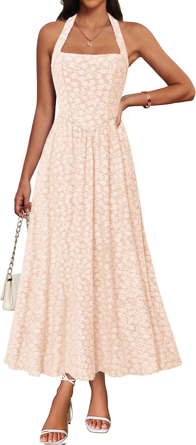 IWD Backless Dress for Women with Jacquard for Summer | Flowy A Line, Floral Textured, Adjustable Halter, Fitted High Waist Sleeveless, Casual Formal Cocktail, Side Pockets