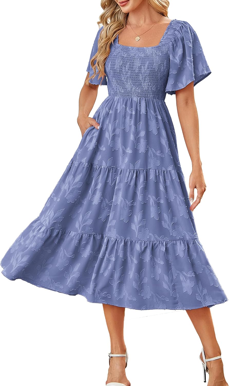 Kikibell Women Boho Maxi Dresses Summer Short Sleeve Square Neck Smocked Flowy Midi Casual Beach Party Dress with Pockets