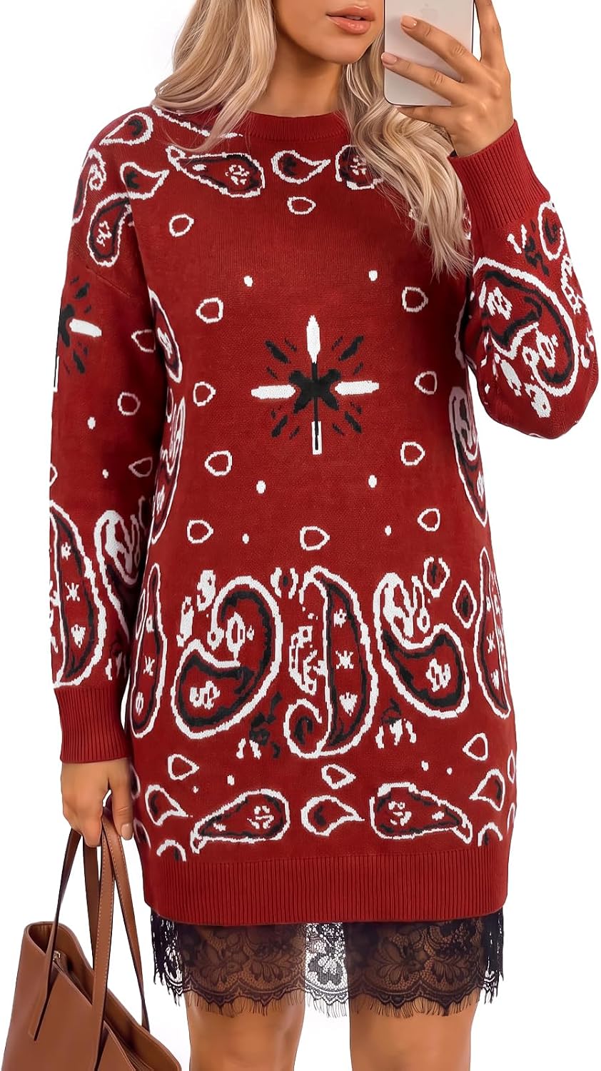 Wenrine Womens Fall Long Sleeve Lace Casual Knit Sweater Mini Dress | Paisley Print, Long Sleeve, Crew Neck, Knit, Loose Fit, Patchwork, High Waist, Quiet Luxury, Short Dress, Casual, Mini