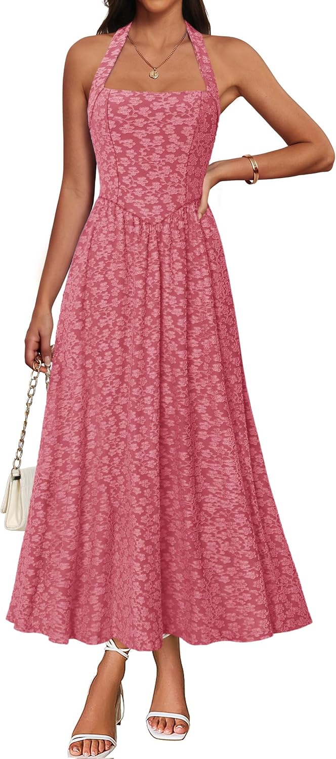 IWD Backless Dress for Women with Jacquard for Summer | Flowy A Line, Floral Textured, Adjustable Halter, Fitted High Waist Sleeveless, Casual Formal Cocktail, Side Pockets