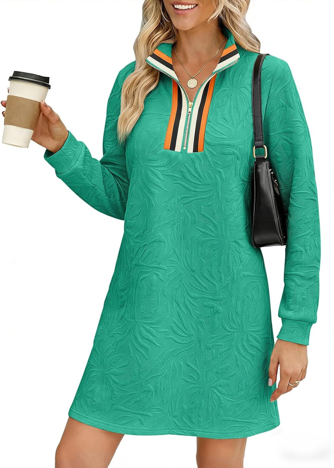 BLENCOT Women's Dress Zip Up Stand Neck Pullover Sweatshirt Mini Dresses | Stand Collar Textured Long Sleeve Mini Pullover Colorblock Mini Dress,Fall Work Daily School Teacher