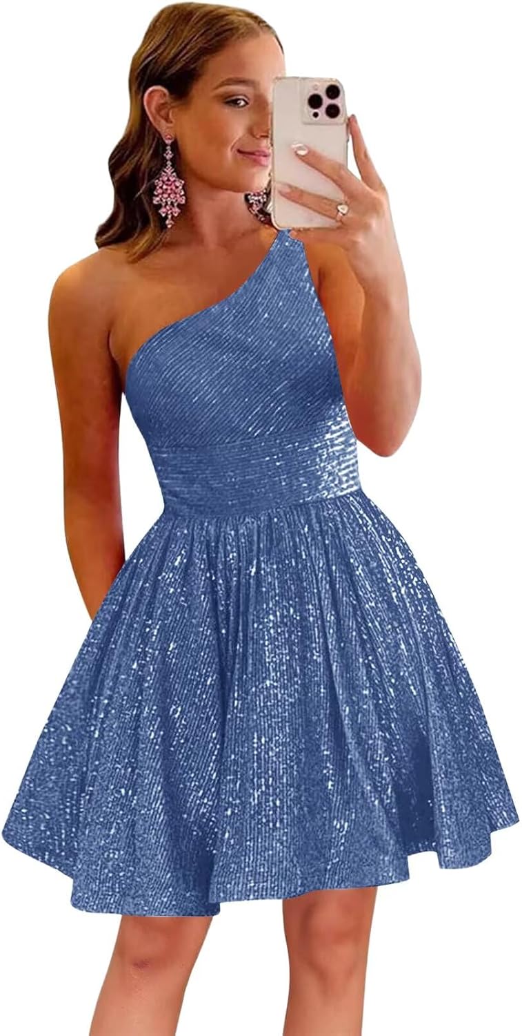 MstinGcc One Shoulder Sequin Sparkly Short Homecoming Dress for Teens 2026 | Glitter HOCO Dresses for Womens A-Line Prom Cocktail Party Dress Backless Sleeveless Corset Mini Gowns