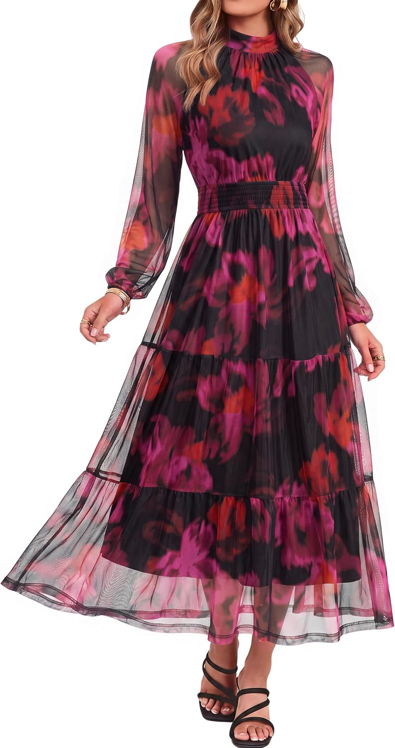 Simplee Womens Floral Wedding Guest Maxi Dress Flowy Mesh Fall Dress | Boho, Long Sleeve, Semi-Formal, Elastic Waist, Elegant, Baby Shower, Church, A-line