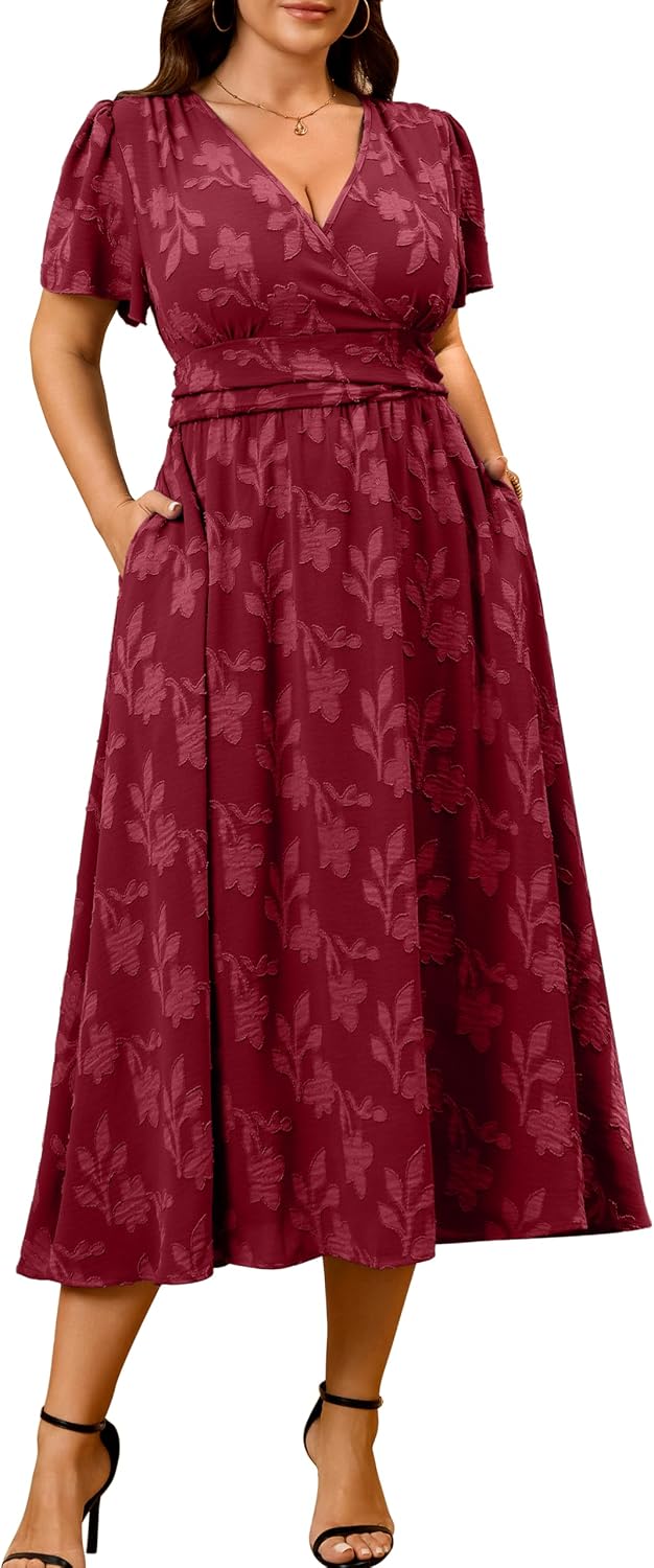 RWJ Womens Plus Size Wedding Guest Dress Summer Boho Floral Maxi Dresses | Semi Formal Evening Party Cocktail Dress with Pockets, Elegant Wrap V Neck Short Sleeve Empire Waist Spring Vacation Outfits