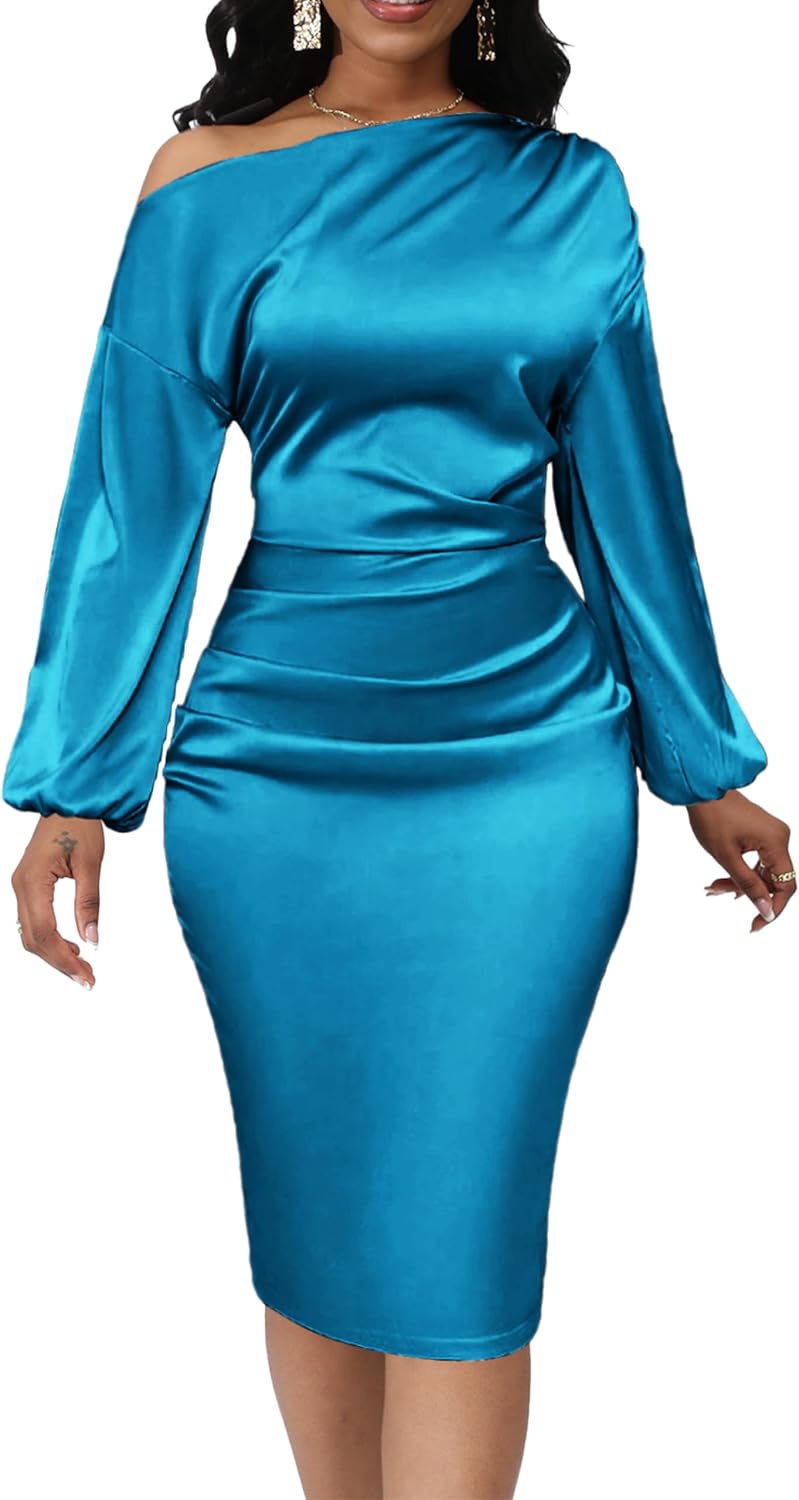 Yiershu Women's Fall Off Shoulder Bodycon Dress Elegant Long Sleeve | Formal Cocktail Party Midi Maxi Dresses for Women Weekend Holiday Club Wedding