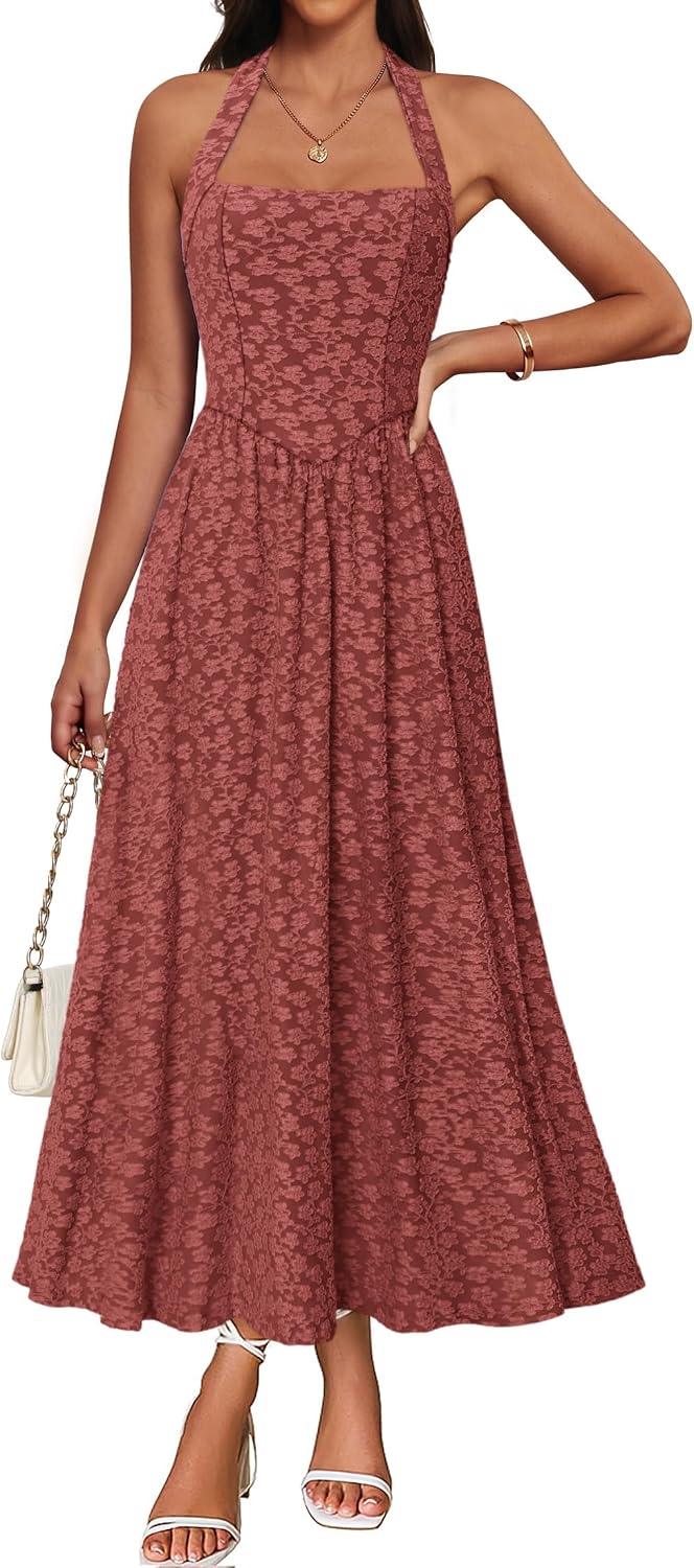 IWD Backless Dress for Women with Jacquard for Summer | Flowy A Line, Floral Textured, Adjustable Halter, Fitted High Waist Sleeveless, Casual Formal Cocktail, Side Pockets