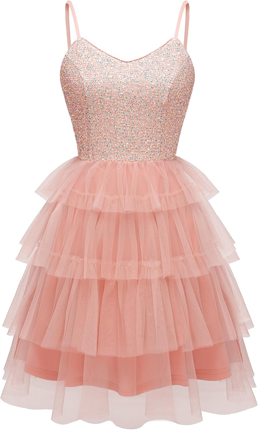 Dressystar 2026 Women's Sequin Prom Mini Homecoming Dresses for Teens | Backless Tiered Tulle, Short A Line Glitter, Sparkly Hoco Cocktail Dress for Women, Adjustable Spaghetti Strap, Formal Party