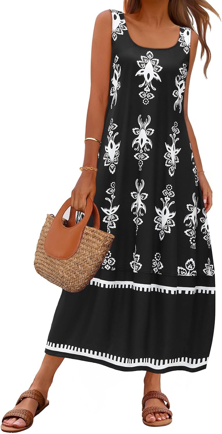 MEROKEETY Women's Summer Sleeveless Maxi Dress Beach Sundress | Casual Scoop Neck Tank Dress, Cotton, Boho Vacation, Loose Fit, Side Pockets, A-Line, Floral Long Dress, Spring Outfits