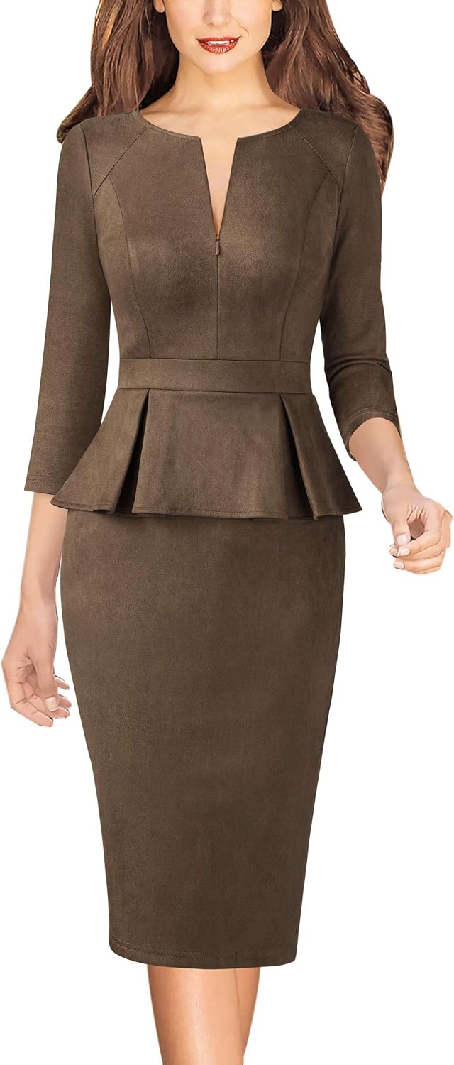 VFSHOW Womens Work Business Office Front Zipper Peplum Church Sheath Dress | 3\/4 Sleeves, Elegant, Spring Fall, Church, Funeral, Slimming Fitted Bodycon Dresses