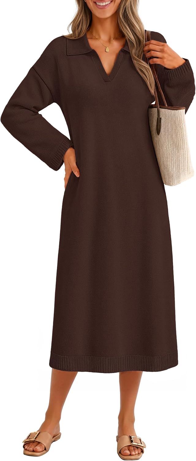 MEROKEETY Women's Fall Long Sleeve Midi Sweater Dress V Neck Knit Dresses | Loose Fit Maternity Dress, Stretchy Soft, Collared Teacher Outfit, Office Work, Daily Casual, Baby Shower, Winter Clothing