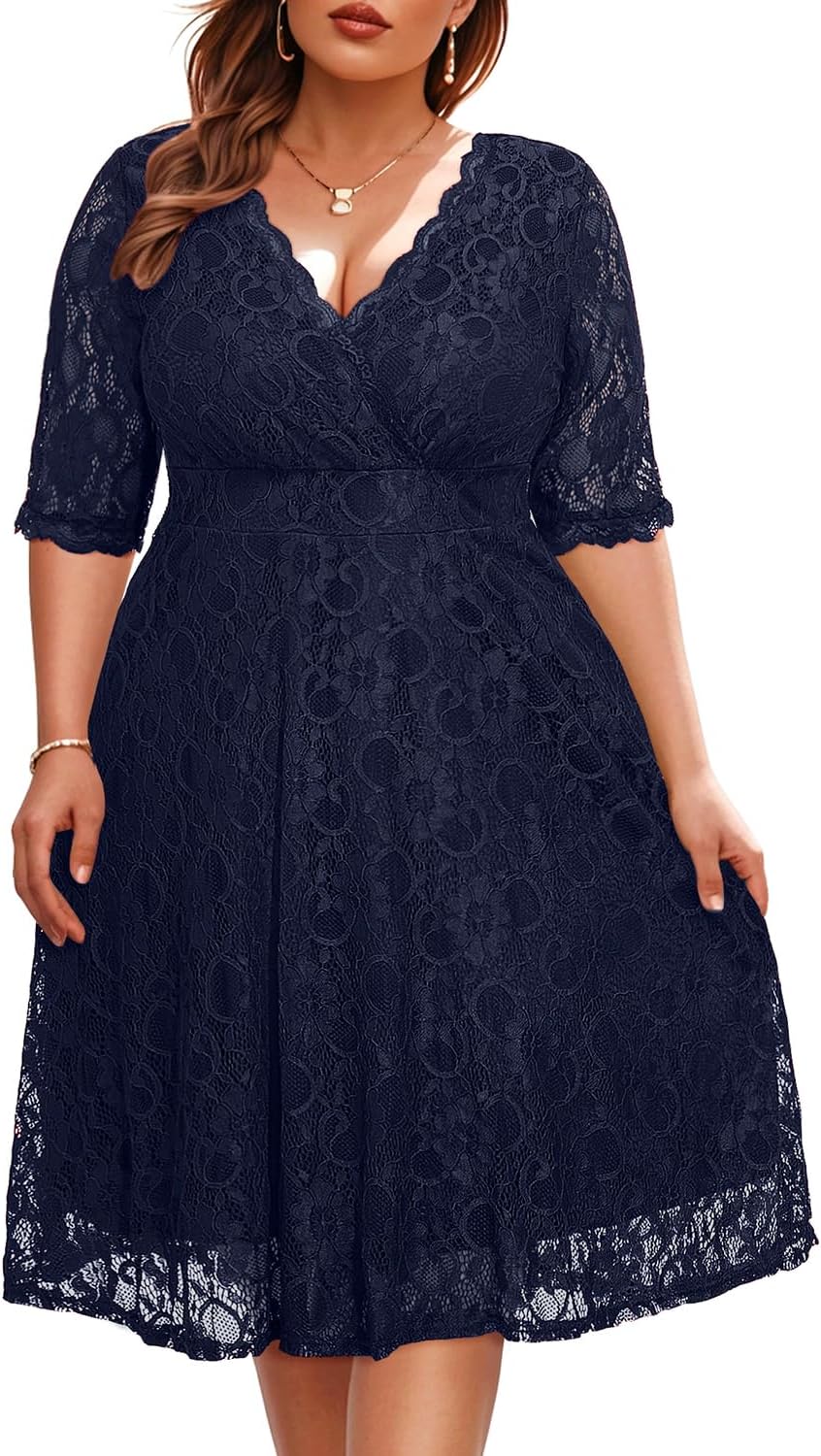 Women's Plus Size Wedding Guest Cocktail Party Semi Formal Lace Dress | Wrap v neck, knee length, half sleeves, midi swing dress, empire waist, elegant floral lace overlay, soft lined
