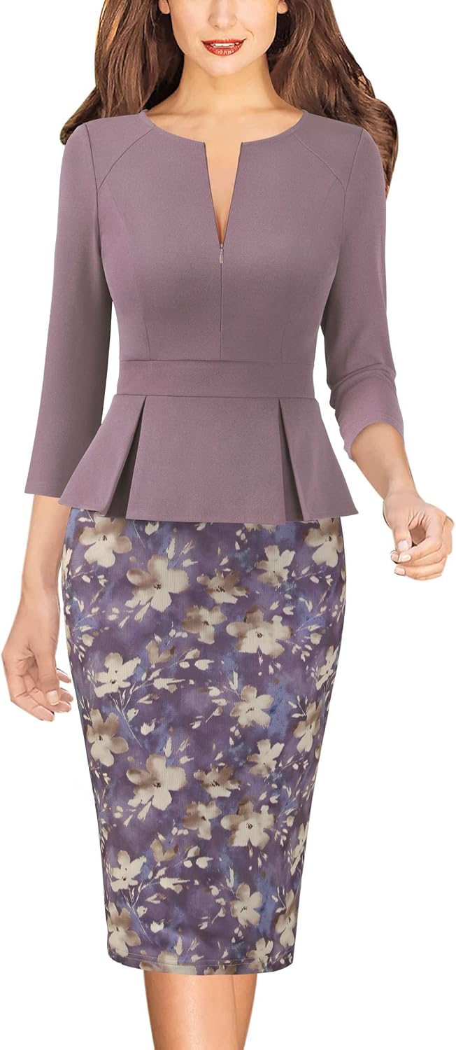 VFSHOW Womens Work Business Office Front Zipper Peplum Church Sheath Dress | 3\/4 Sleeves, Elegant, Spring Fall, Church, Funeral, Slimming Fitted Bodycon Dresses