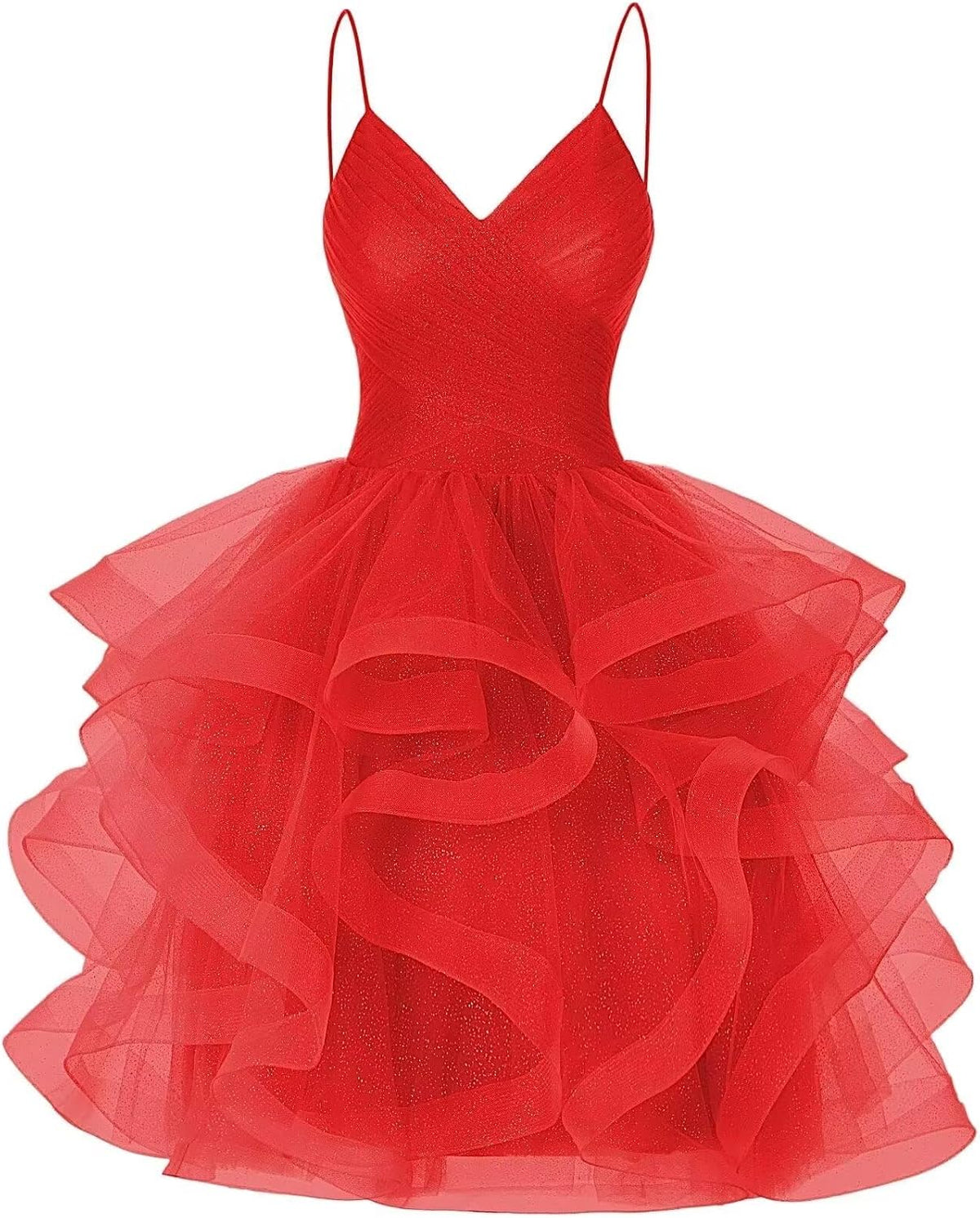 DKGOY Sparkly Tulle Homecoming Dresses for Teens Ruffle A-Line Short Prom Dress V Neck Cocktail Party Gown
