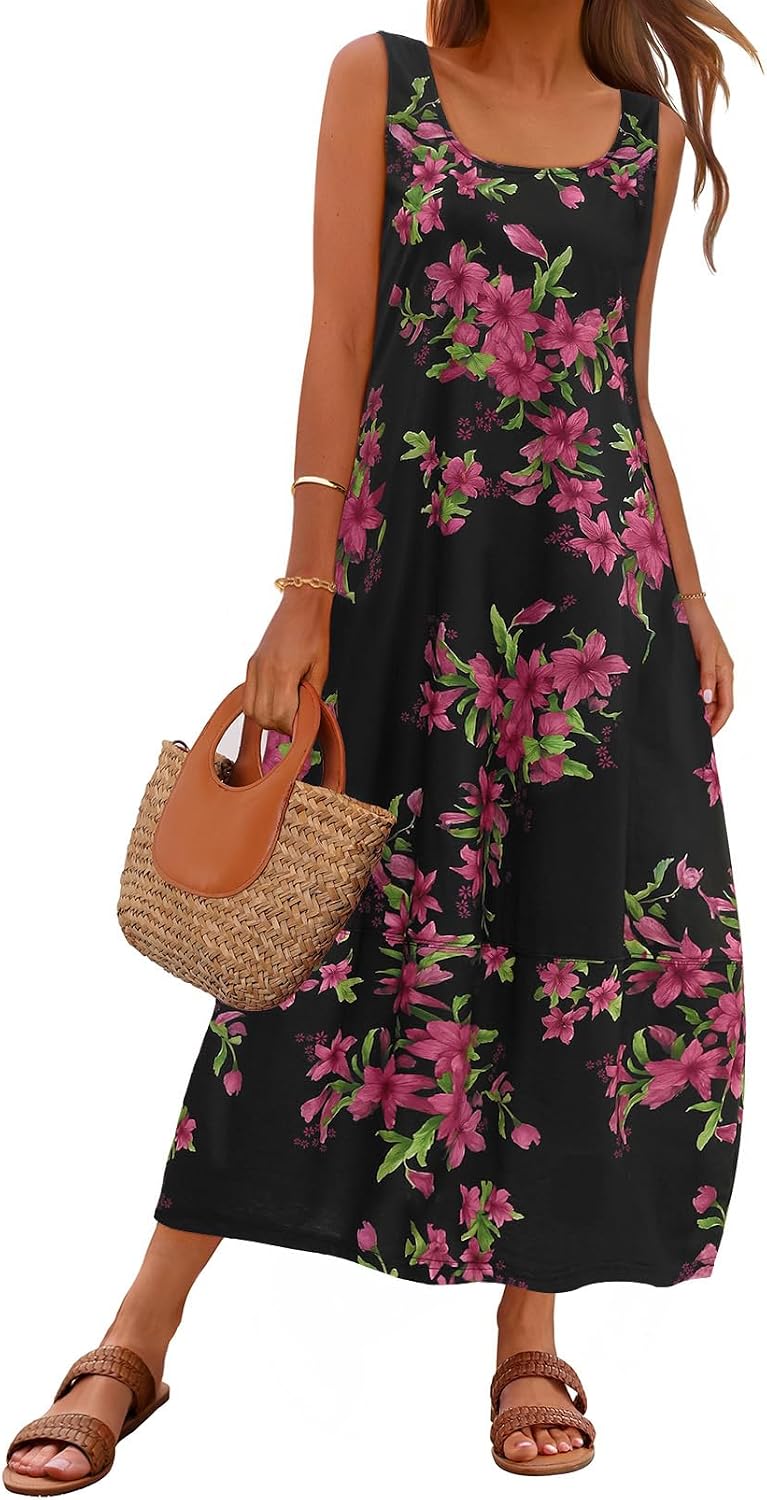 MEROKEETY Women's Summer Sleeveless Maxi Dress Beach Sundress | Casual Scoop Neck Tank Dress, Cotton, Boho Vacation, Loose Fit, Side Pockets, A-Line, Floral Long Dress, Spring Outfits