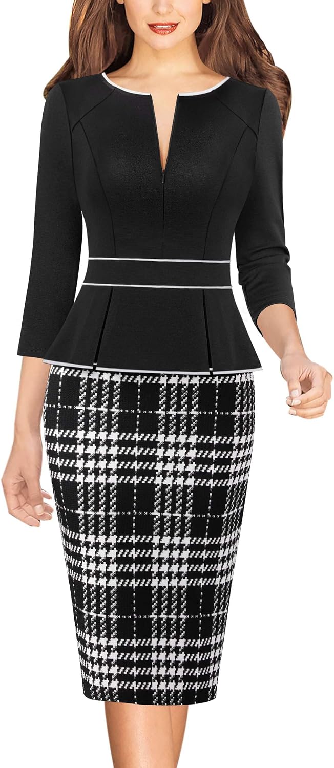 VFSHOW Womens Work Business Office Front Zipper Peplum Church Sheath Dress | 3\/4 Sleeves, Elegant, Spring Fall, Church, Funeral, Slimming Fitted Bodycon Dresses
