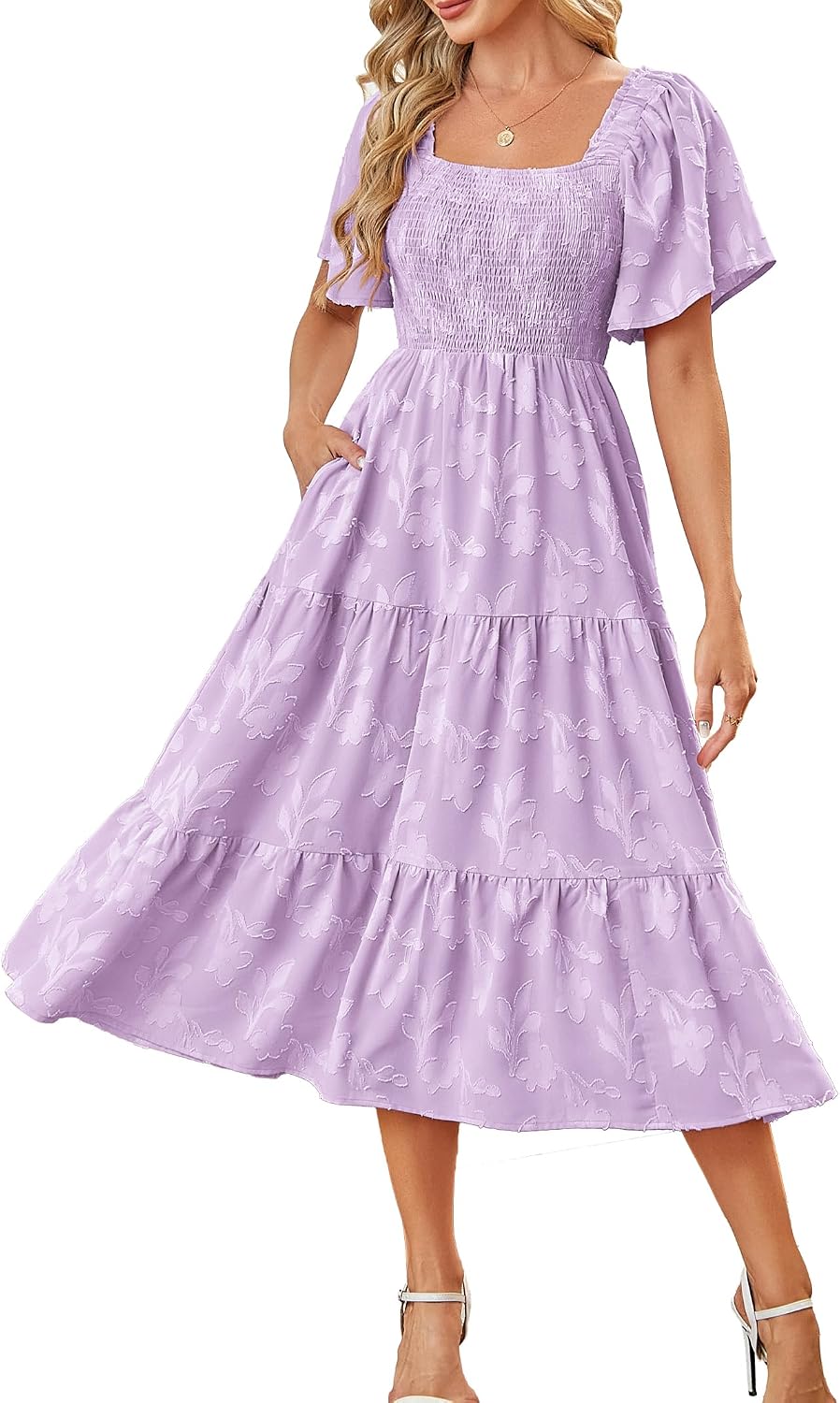 Kikibell Women Boho Maxi Dresses Summer Short Sleeve Square Neck Smocked Flowy Midi Casual Beach Party Dress with Pockets