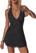 BEAUDRM Women's Y2K Polka Dots Halter Mini Dress 2000s Clothes | Tie Backless, A Line, V Neck, Party Club Outfits, Festival Outfits