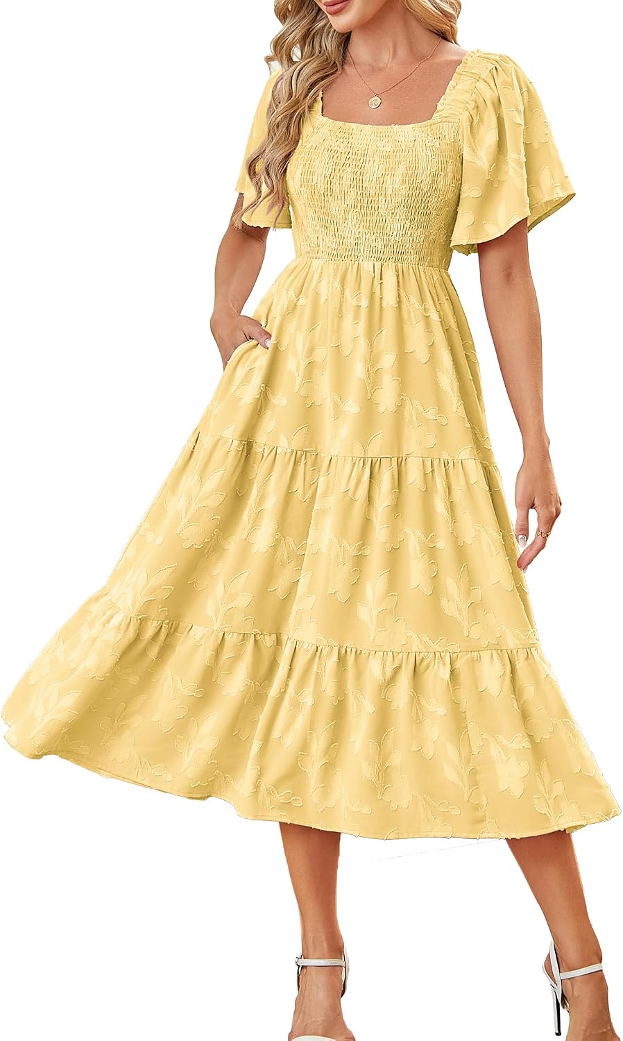 Kikibell Women Boho Maxi Dresses Summer Short Sleeve Square Neck Smocked Flowy Midi Casual Beach Party Dress with Pockets